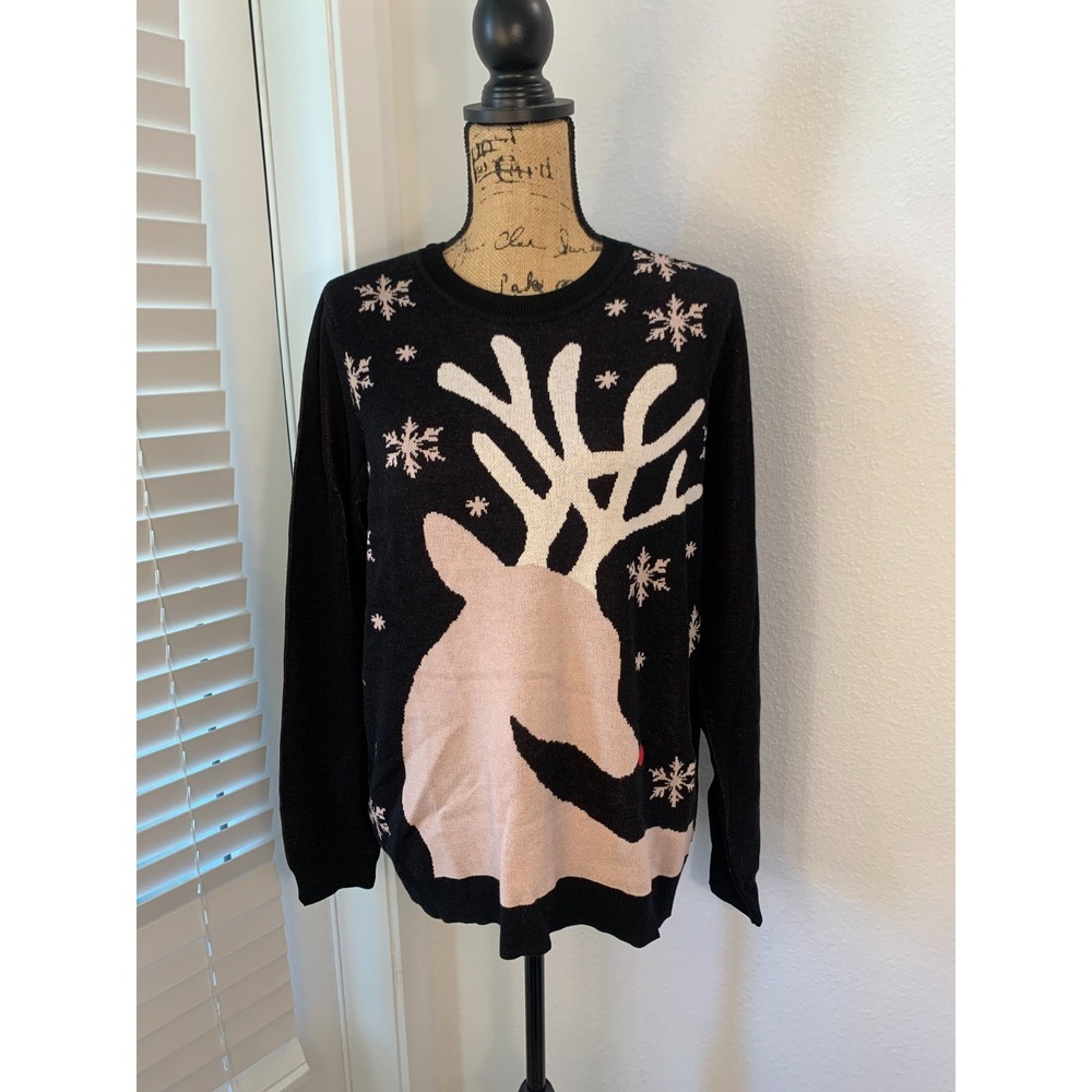 (E-129)Studio Park Reindeer Christmas Sweater Women's Large Black‎ Holiday Knit - Picture 2 of 9